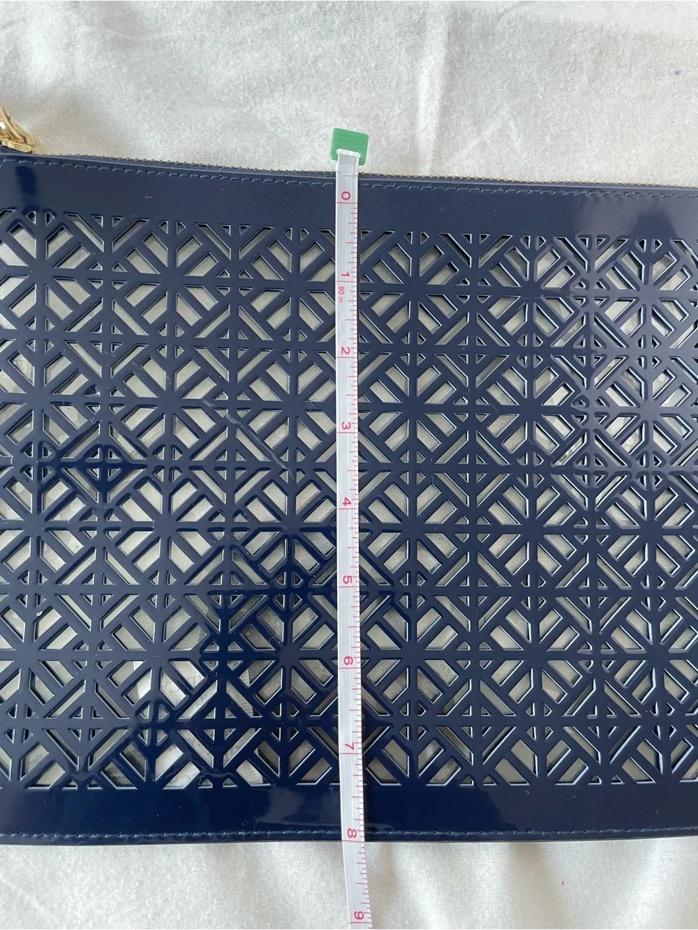 Tory Burch Navy Patent Geometric Cutout Zip Wristlet Clutch w/ Gold Hardware